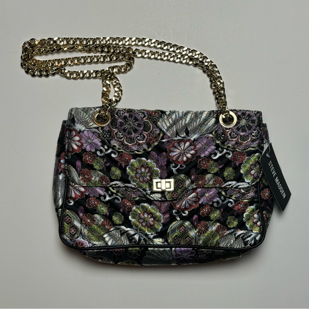 Steve Madden Silver Floral Print Crossbody Gold Tone Chain Shoulder Bag